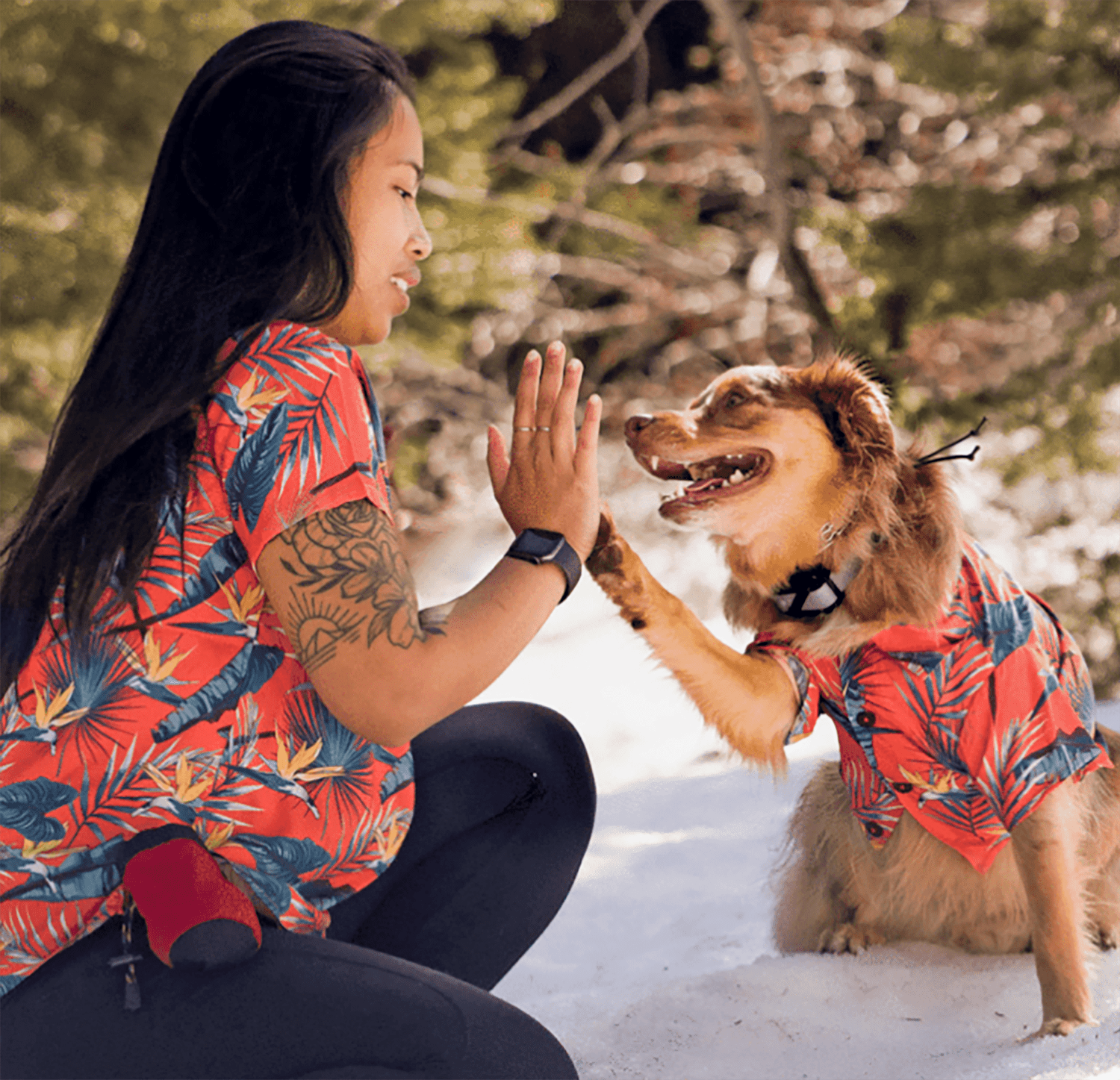 woman and dog in matching hawaiian shirts giving a high five