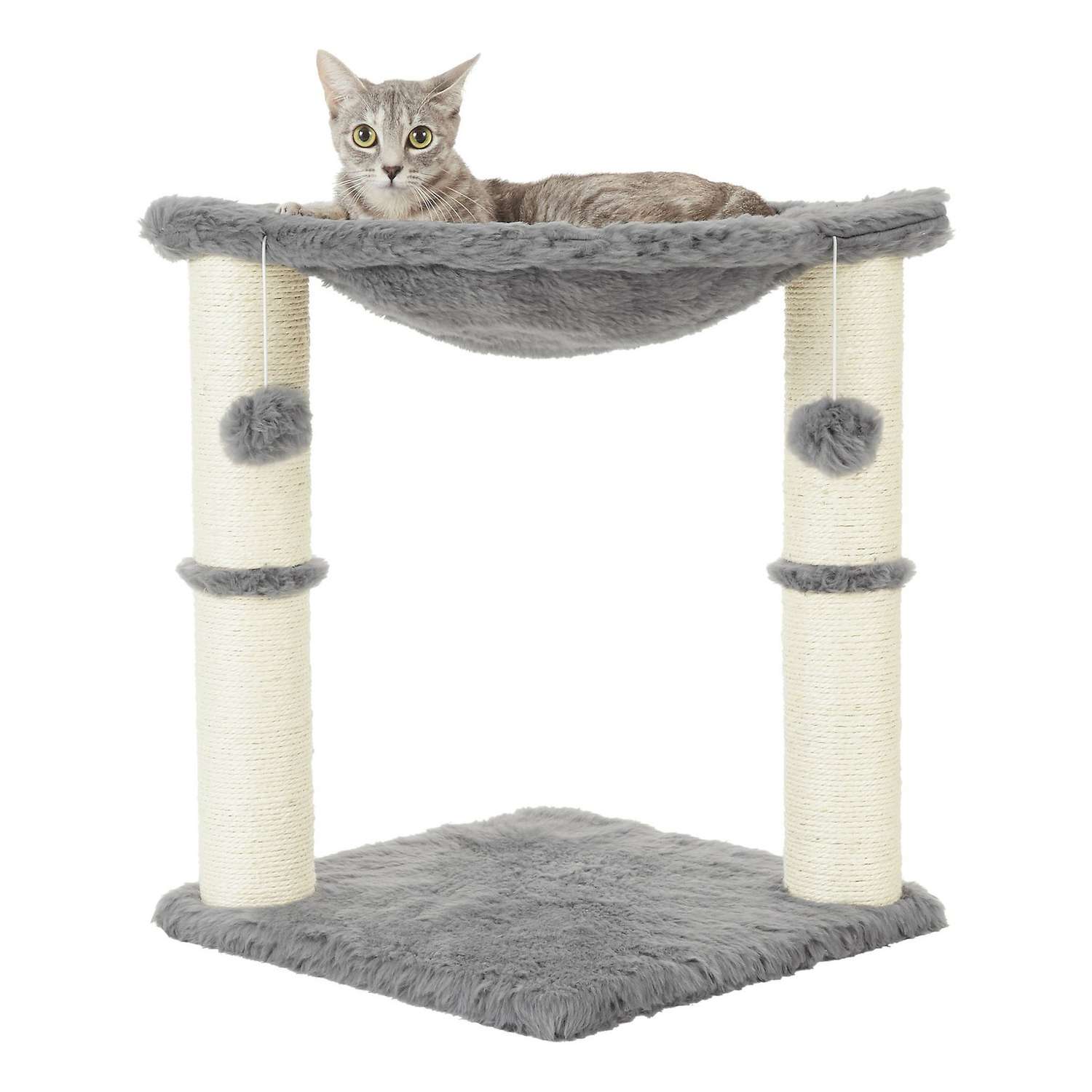 Cat lying on a Frisco Faux Fur Cat Tree on a white background