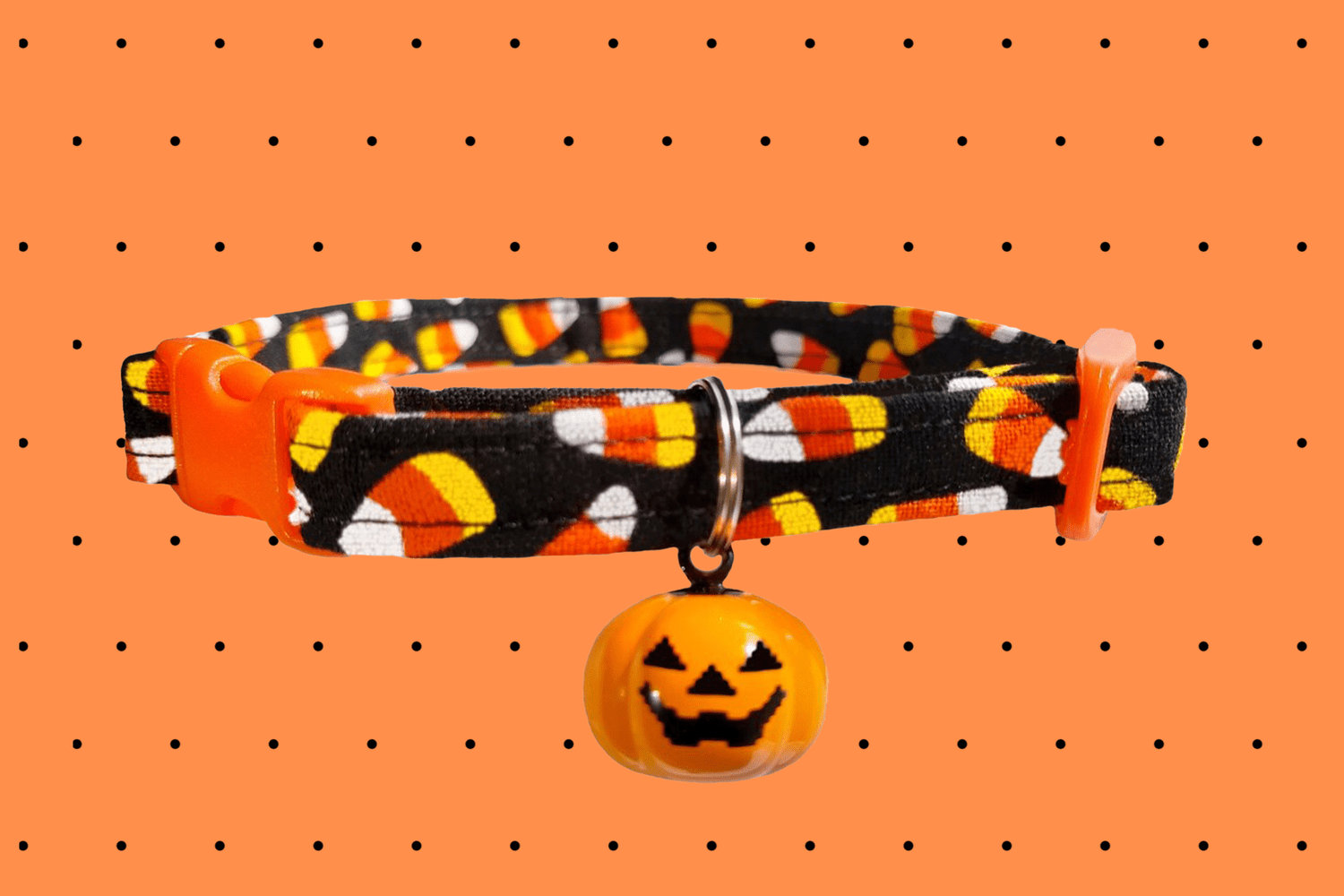 Halloween Candy Corn Cat Collar Breakaway With Jack-o'-lantern Pumpkin Bell on an orange background