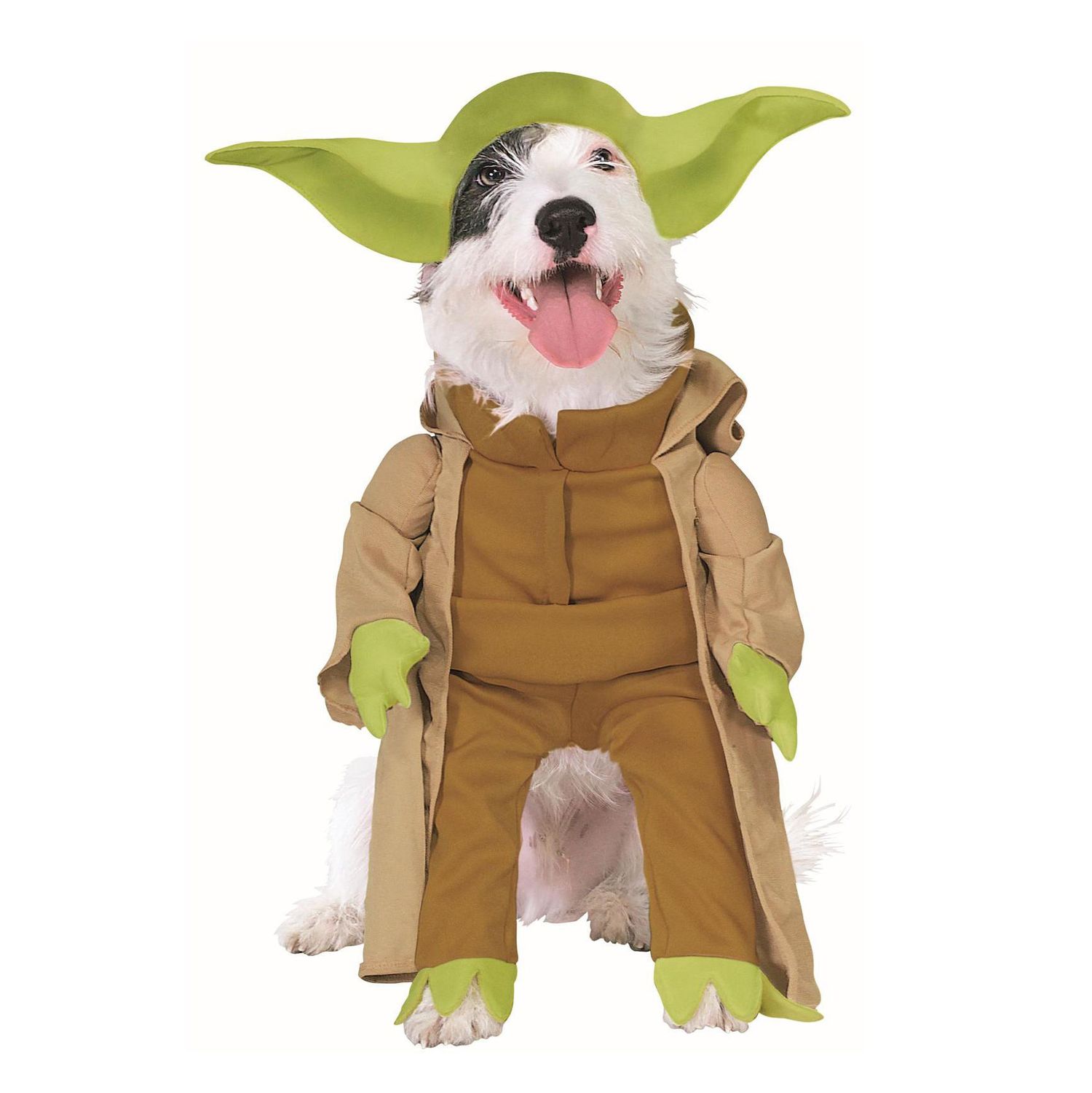 Dog wearing a Rubie’s Star Wars Yoda Costume on a white background