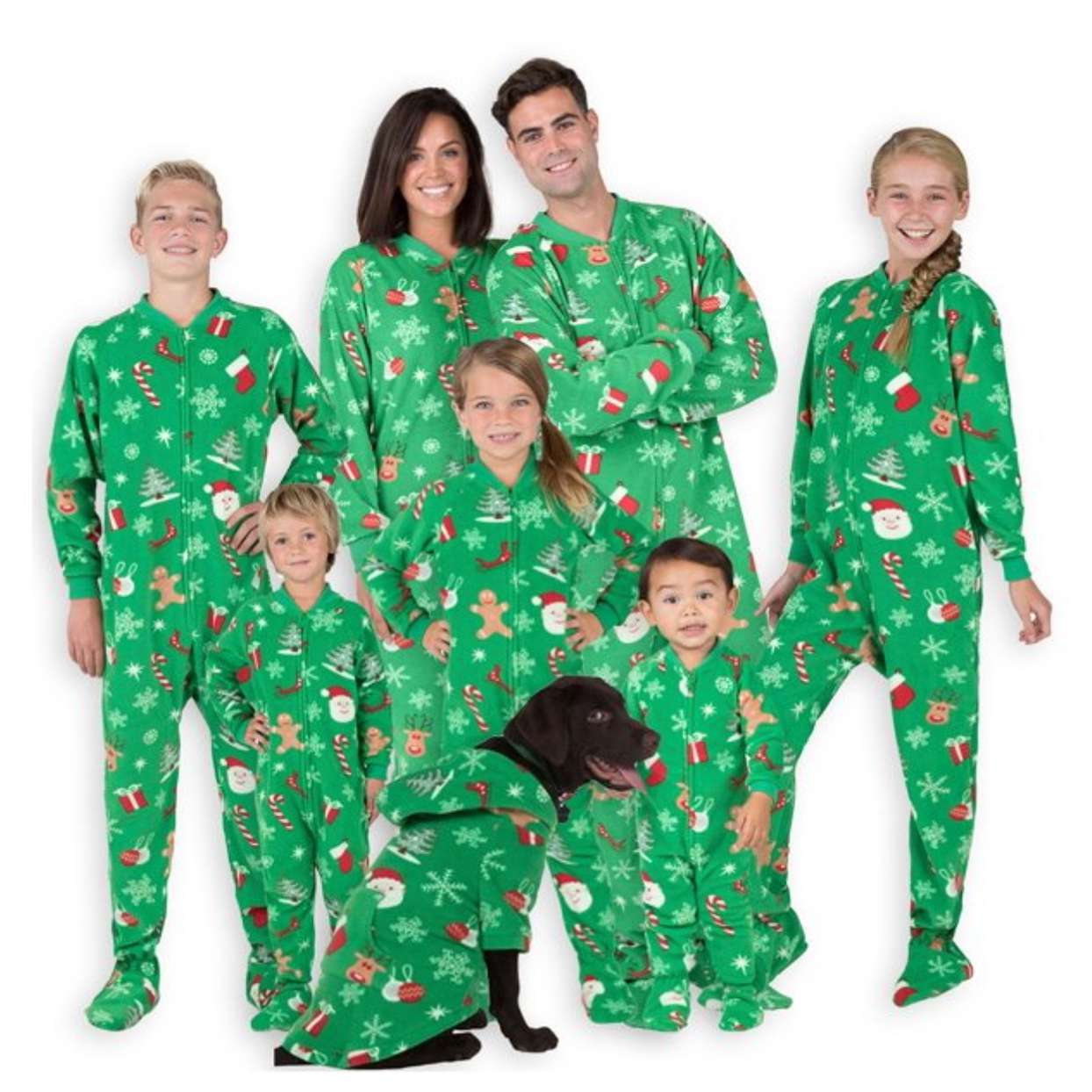 family matching green Xmas pajamas