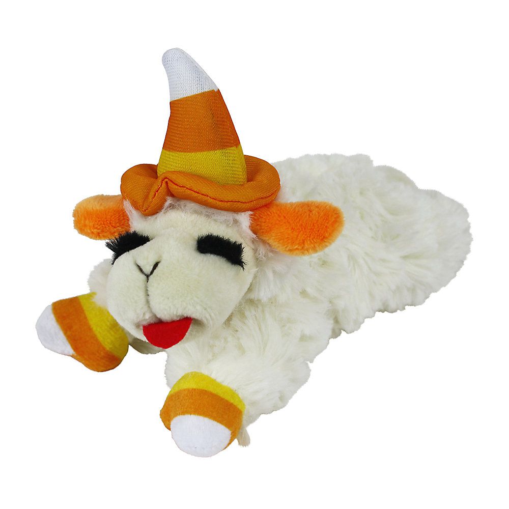 Photo of a Multipet Lamb Chop Halloween Candy Corn Dog Toy on a white background
