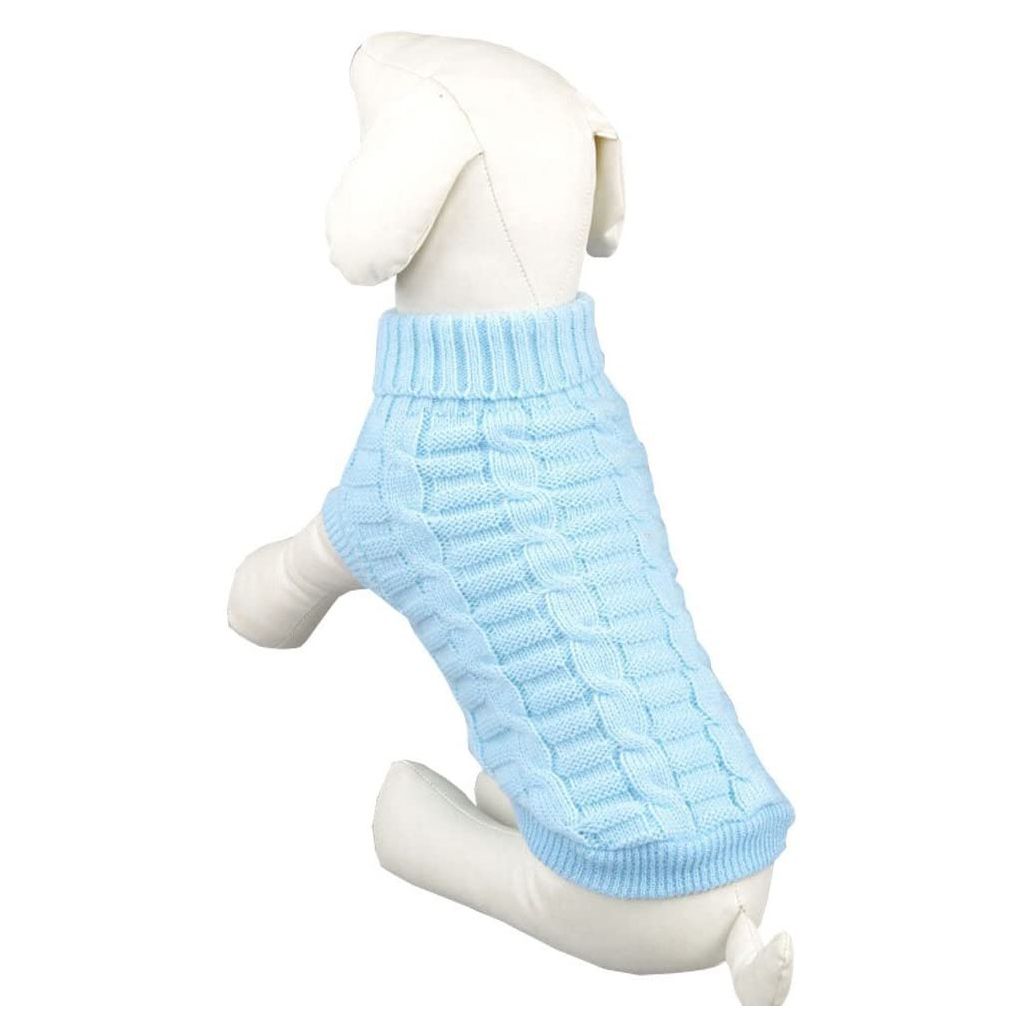 Dog doll wearing a Bolbove Bro'Bear Cable Knit Turtleneck Sweater for Cats Knitwear on a white background