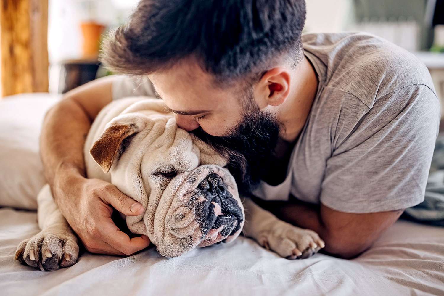 man giving his bulldog a kiss on the head while wearing a dog dad shirt