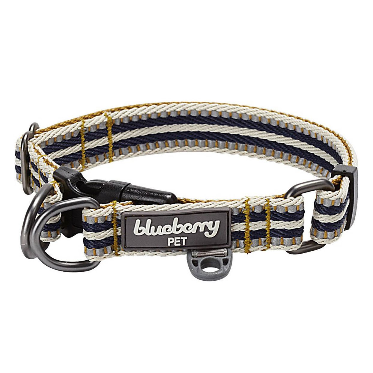 Product photo of a Blueberry Pet Multi-Colored Stripe Polyester Reflective Dog Collar on a white background