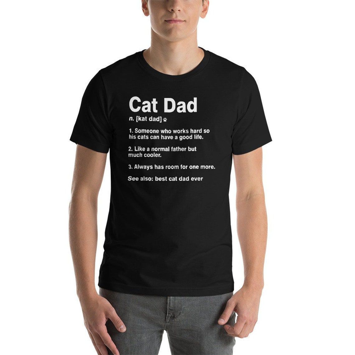 Man wearing a Cat Dad Definition T-Shirt on a white background