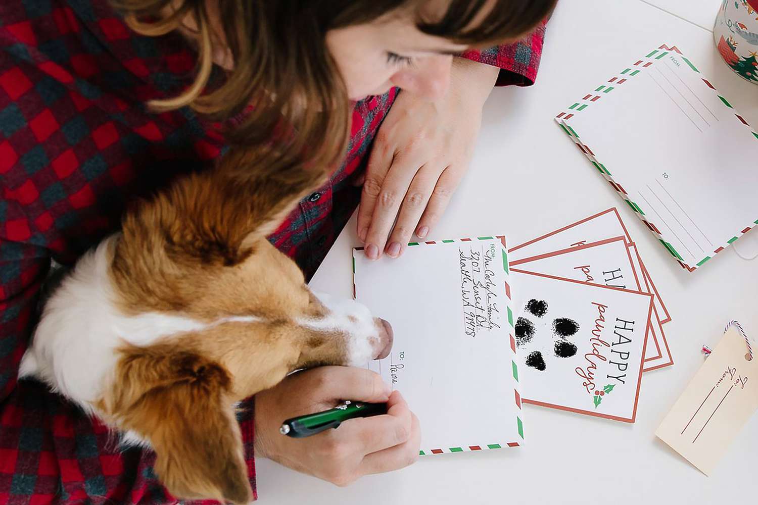 woman addressing her dog Christmas cards with her dog