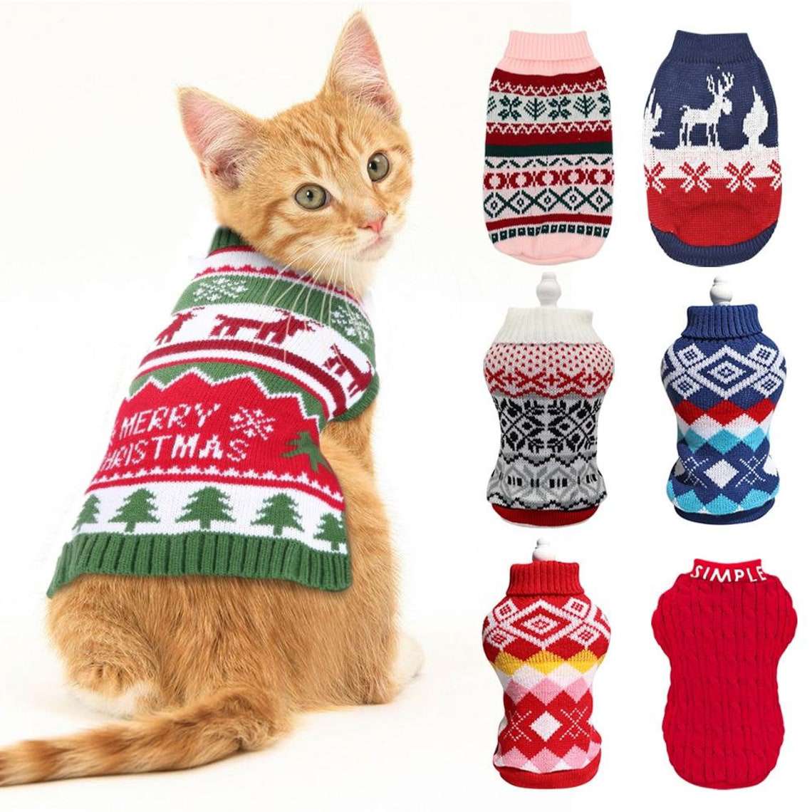 Cat wearing one of a collection Christmas Sweaters for Cats