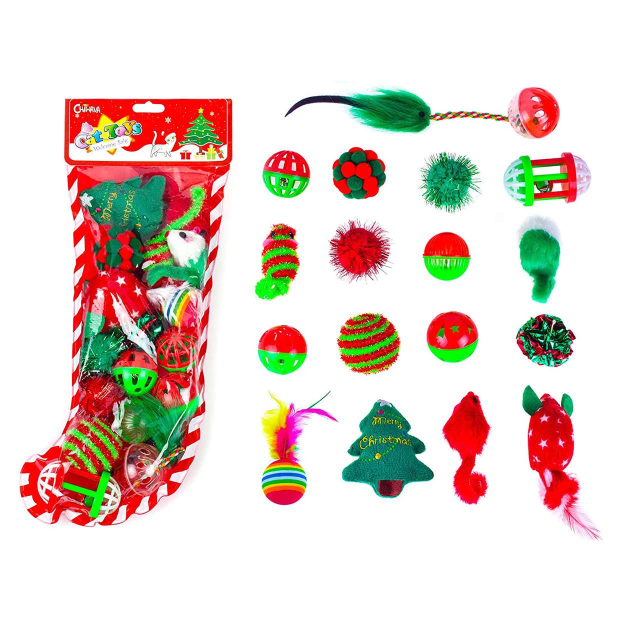 QBSM 18 Cat Christmas Stocking with 26 Pcs Cat Toys Large Paw Shape Personalize Hanging Kitten Stocking for Cats 