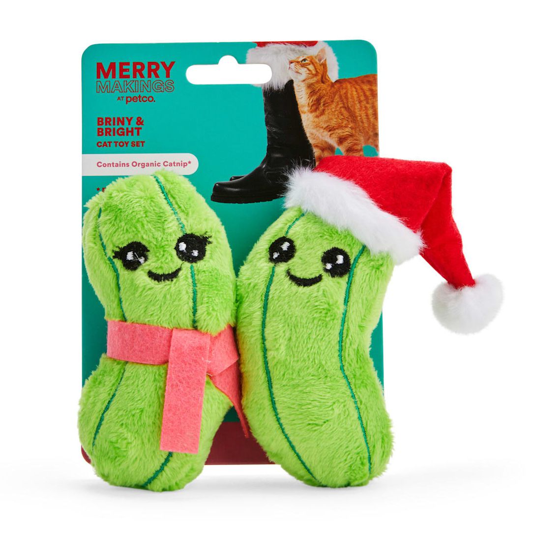 Product photo of the Merry Makings Briny & Bright Plush Pickles Cat Toys
