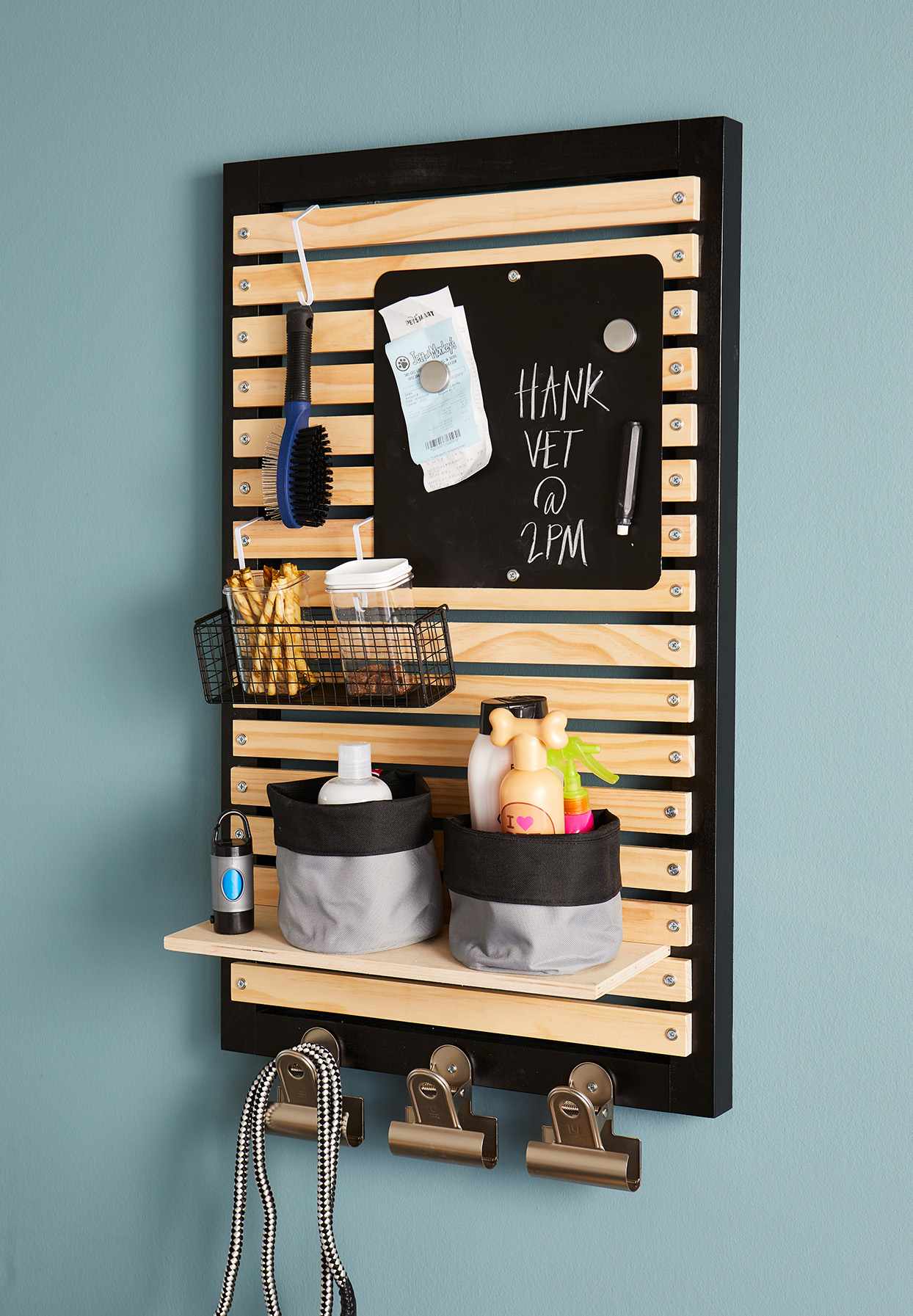 message board with pet gear storage