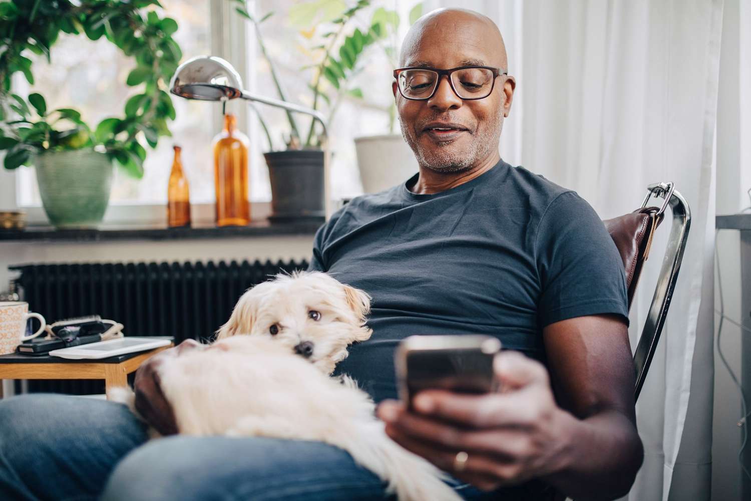 senior man holding white dog in his lap - pet ownership slows cognitive decline