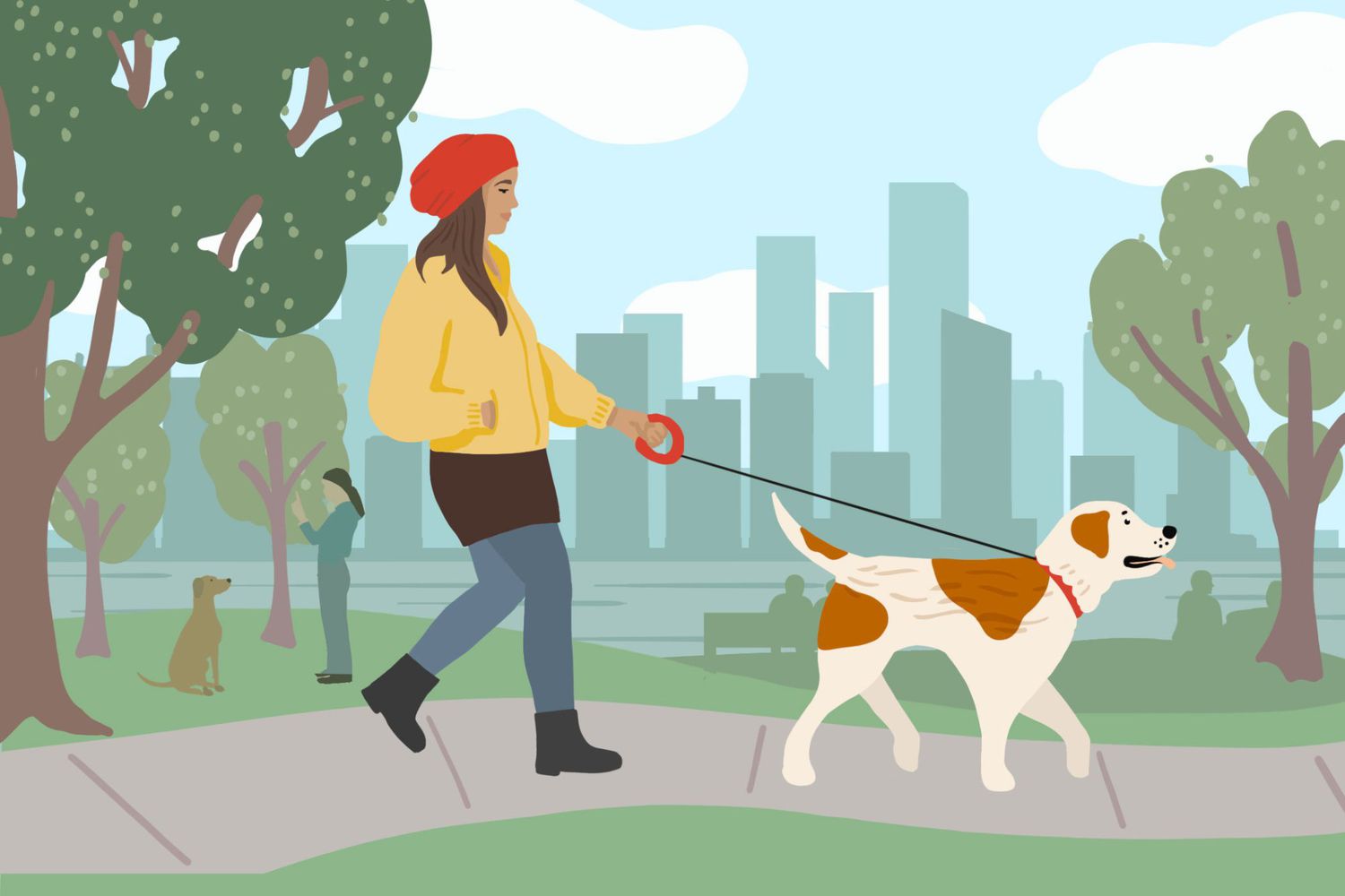 Woman walking her dog in a park with a city skyline in the background, hoping to help her pet relieve his constipation with movement