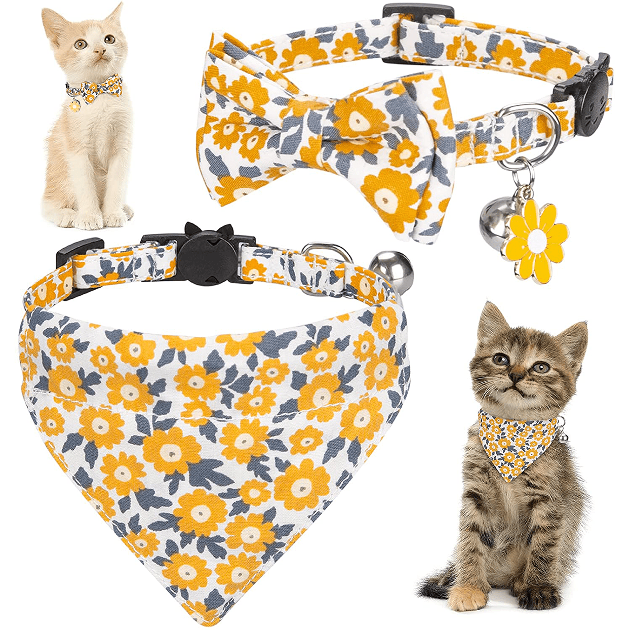 2 Packs Breakaway Cat Collars with Bells PAWCHIE Bowtie Cat Collar Bandana Set Plaid Checked Classic Style for Cats Kitten Puppy Small Dogs