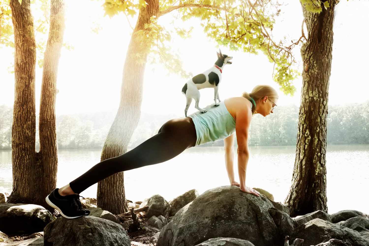 woman doing the plank yoga pose outdoors on some large boulders with her small dog on her back