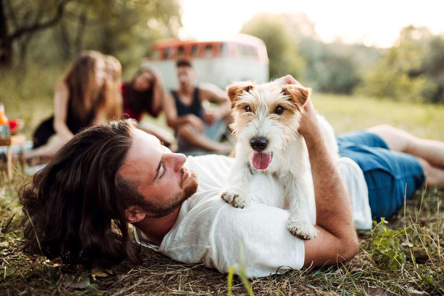 man laying on the grass at a picnic with his dog; seresto update