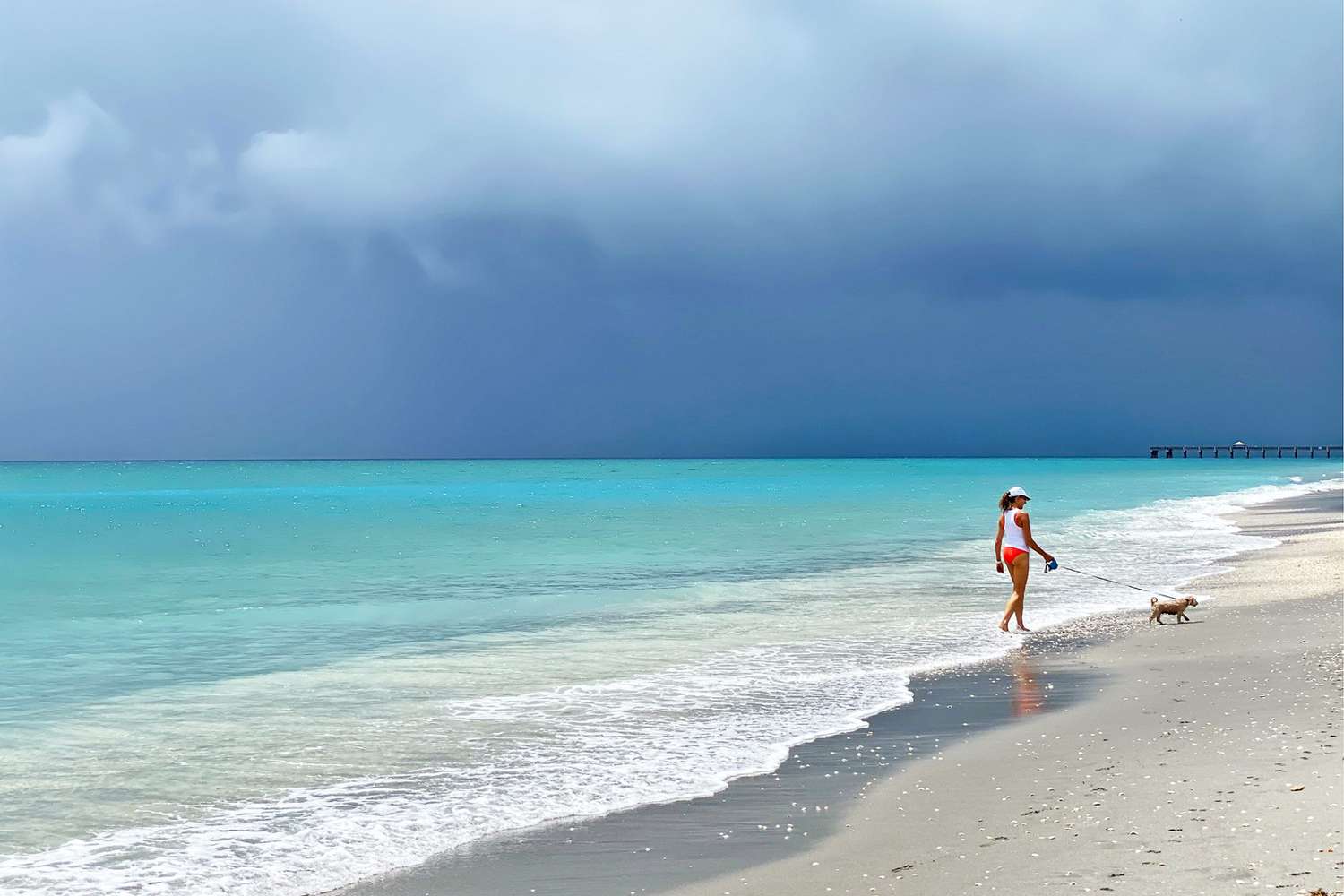 woman walking her dog on dog-friendly Jupiter Beach in Florida
