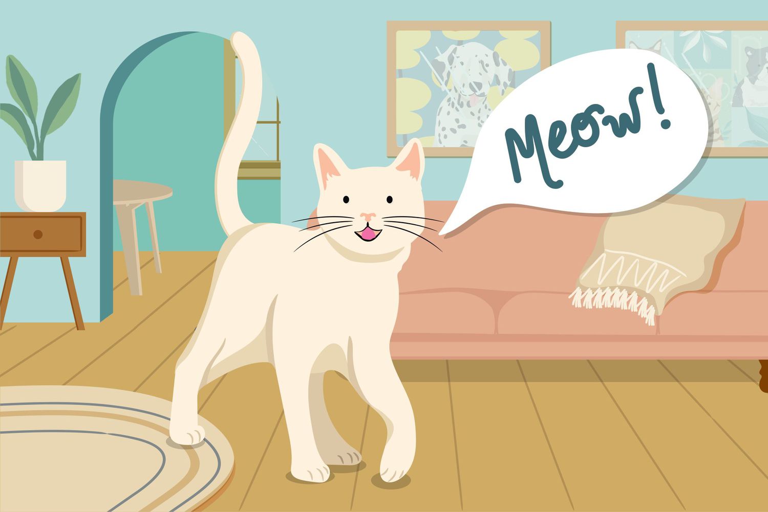 illustration of a cat meowing, setting in a contemporary living room; why is my cat meowing so much?