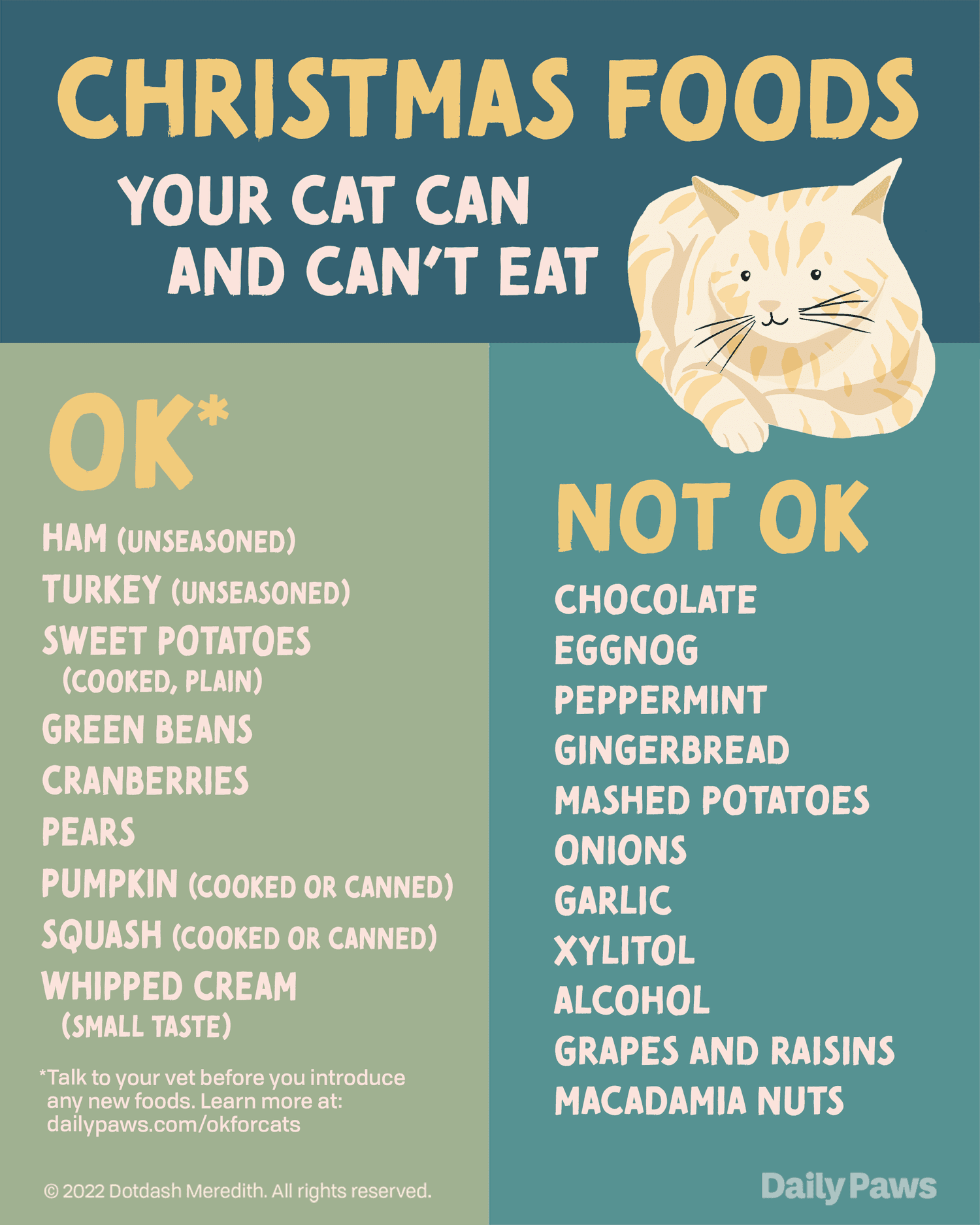 infographic with list of Christmas Foods cats can and can't eat