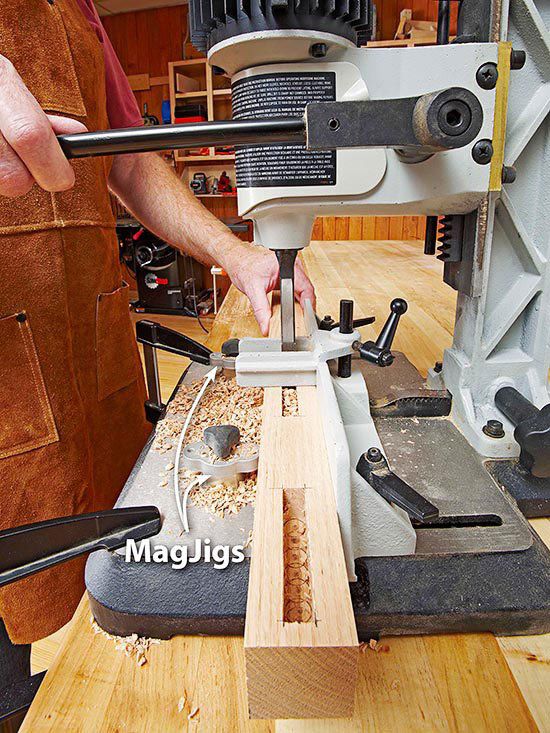 Mortise jig with holes in board