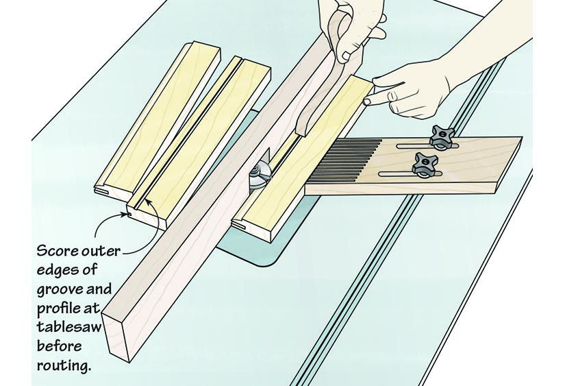 Illustration showing a board being pushed along router bit with a feather board to hold it in place. Two extra boards on table.