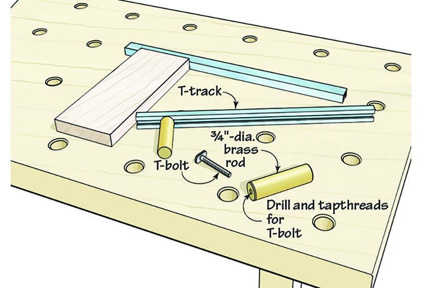 Illustration of top of workbench with a small board, two T-tracks and some bench dogs.