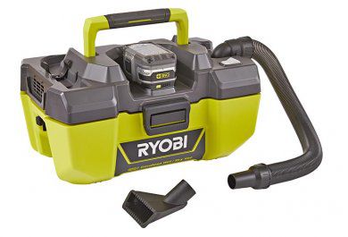 Rectangular Ryobi container with hose attached along its side.
