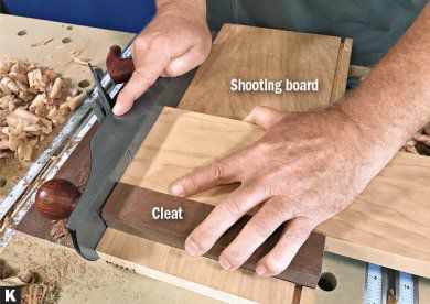 A shooting board guarantees clean, square cuts along the end grain.
