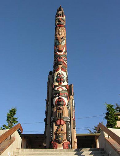 Brown and red totem pole.