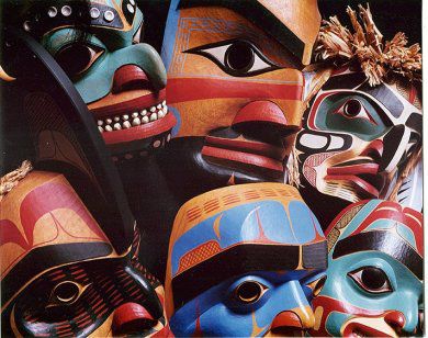 A group of totem pole face mask.