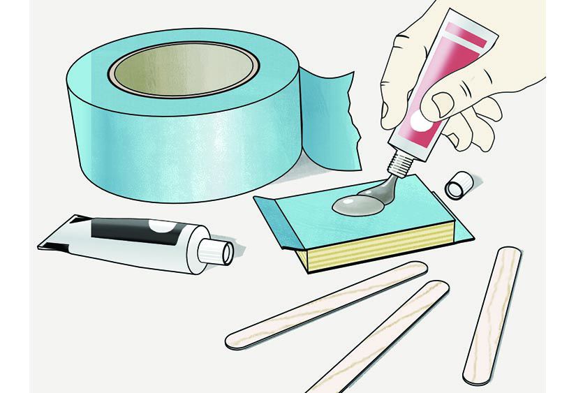 Illustration of epoxy glue place on tape on top of wooden block. Ice-cream sticks used for mixing.