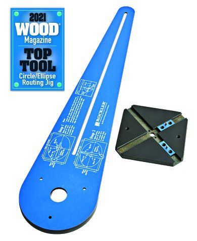 Top Tool logo with blue router jig. Has long slot through jig for holding router.