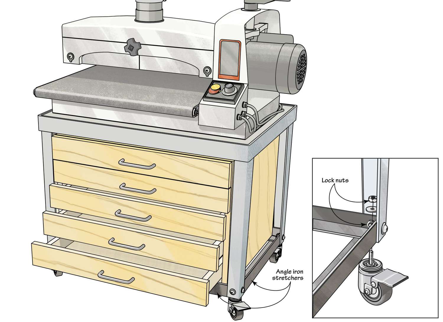 Drawing of angle iron and caster attachment to drum sander stand