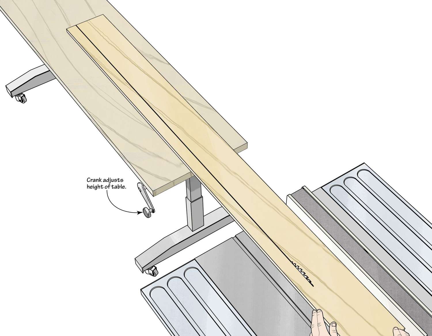 Drawing of adjustable shop table in use with table saw
