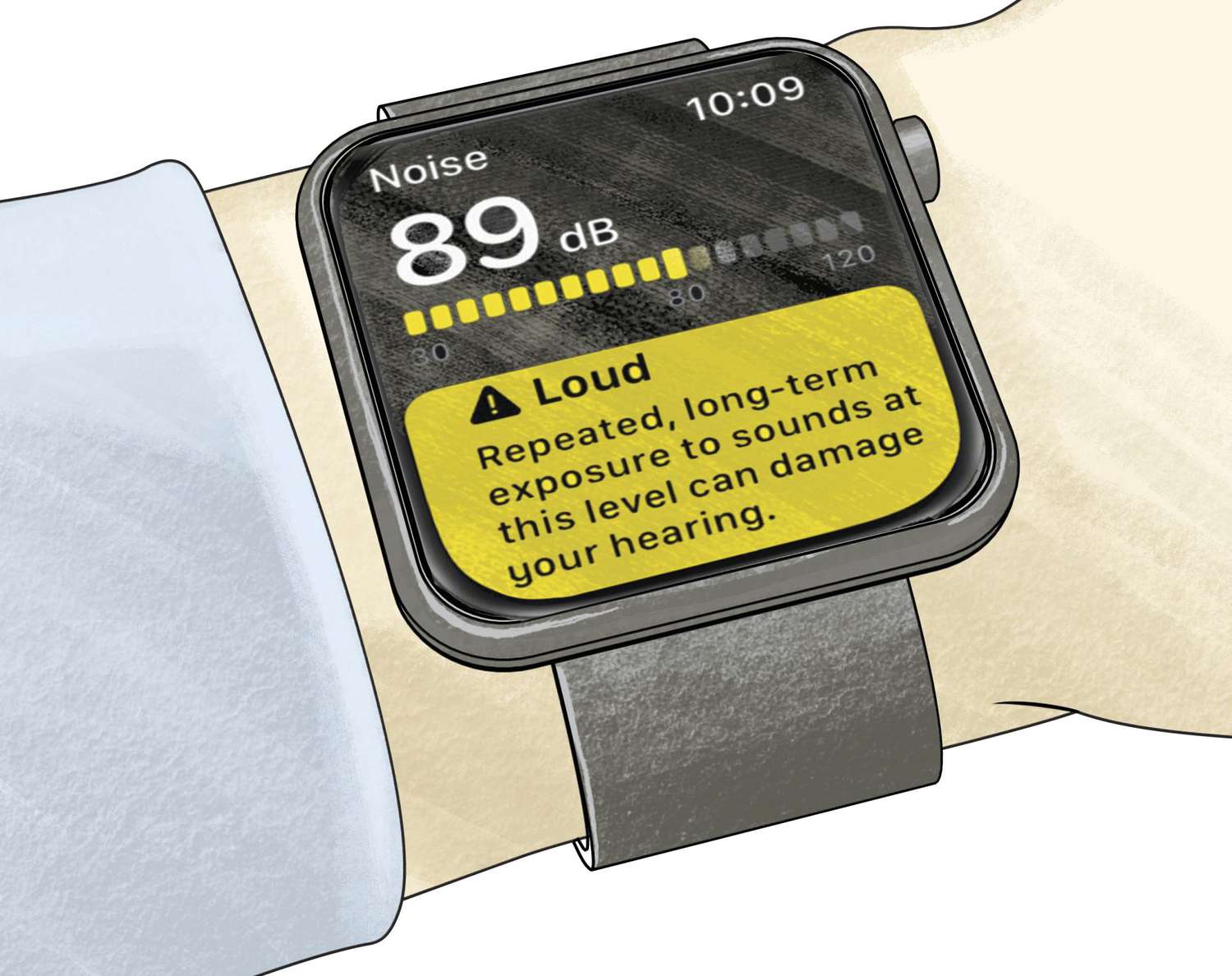 Drawing of Apple Watch open wrist showing loud noise warning