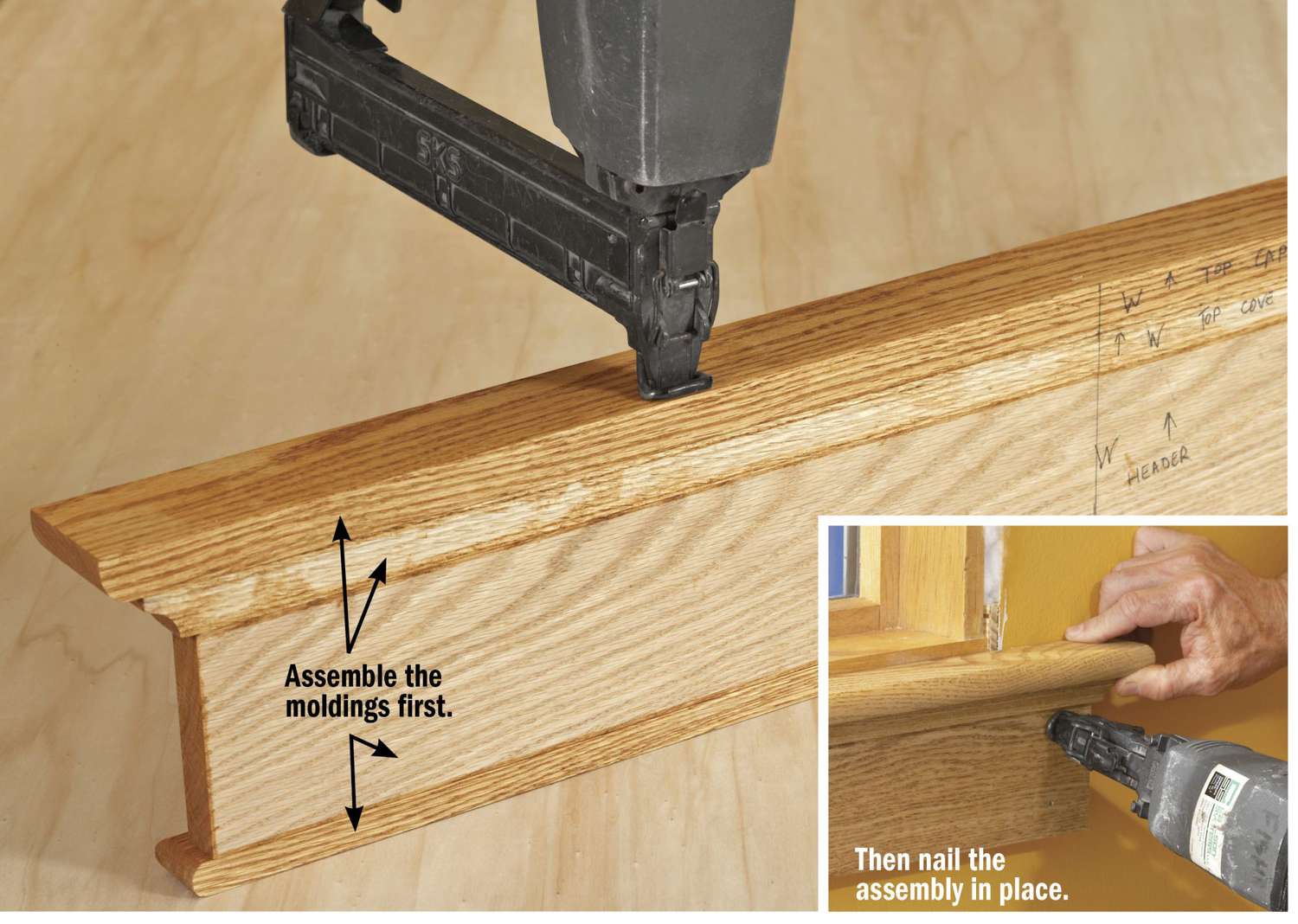 Photo showing assembled moldings and air nailer