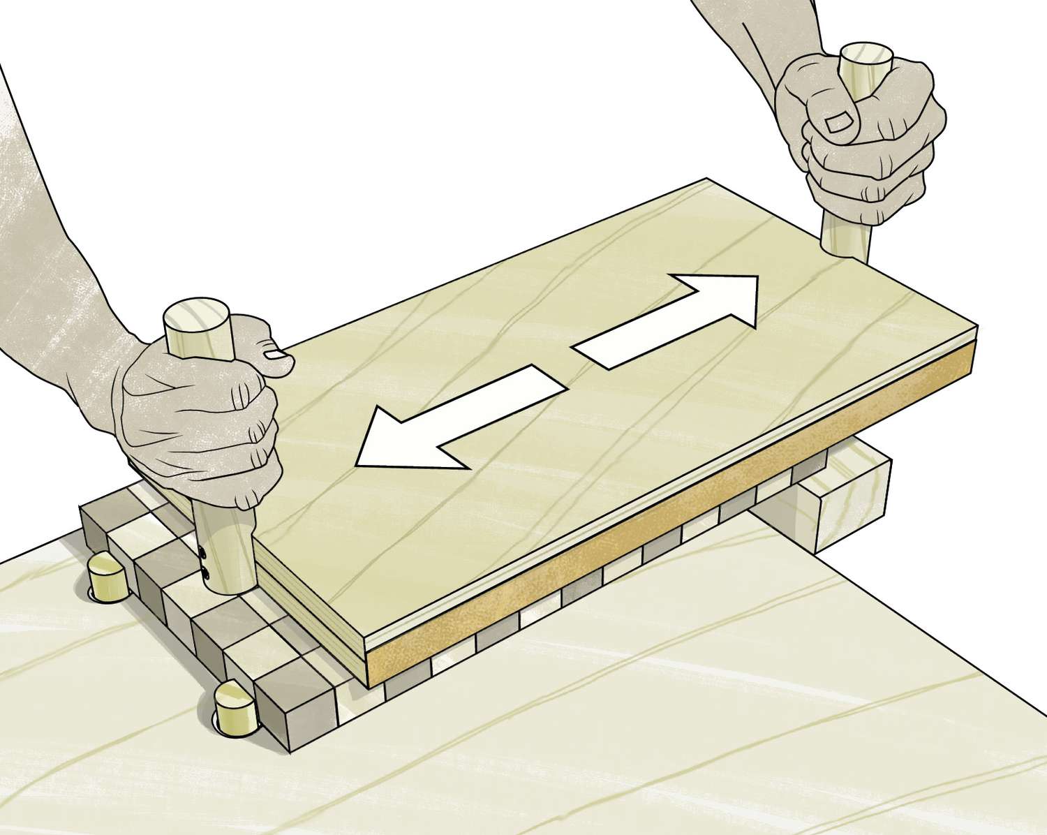 Drawing of two fisted sanding block on cutting boards