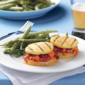 Bacon, Cheese and Tomato Polenta Sandwiches with Green Beans 