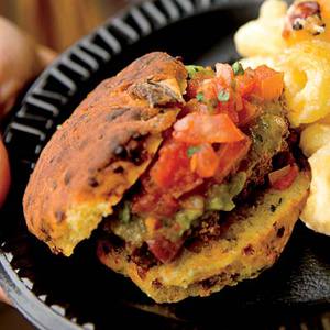 Beer-and-Beef Chili Sliders on Bacon Biscuits with Tomatillo Ketchup 