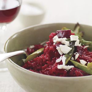 Beet Risotto with Roasted Asparagus and Ricotta Salata 