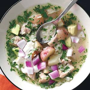 Chicken-Rice Soup with Sour Cream and Avocado 