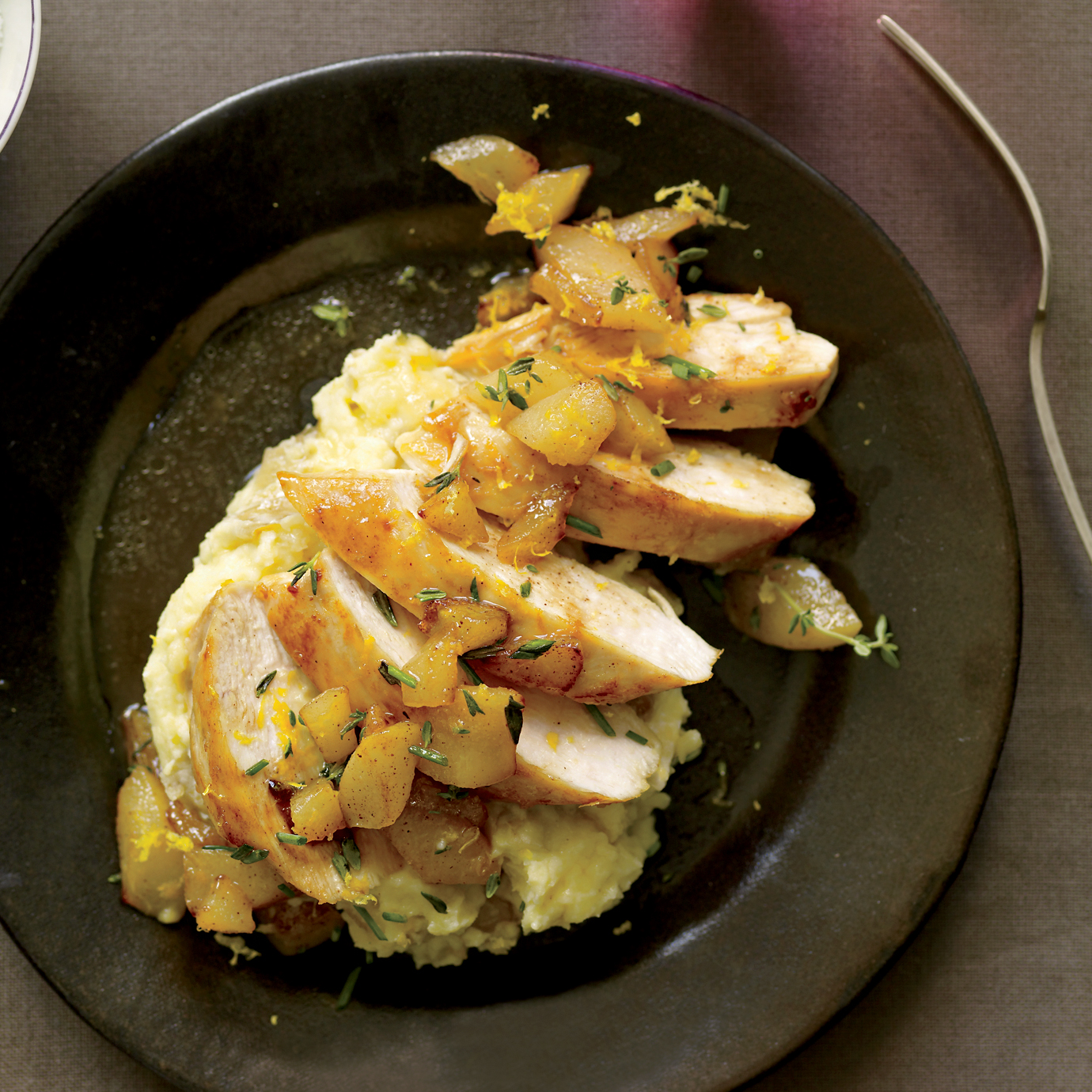 chicken with apples, pears and camembert mashed potatoes