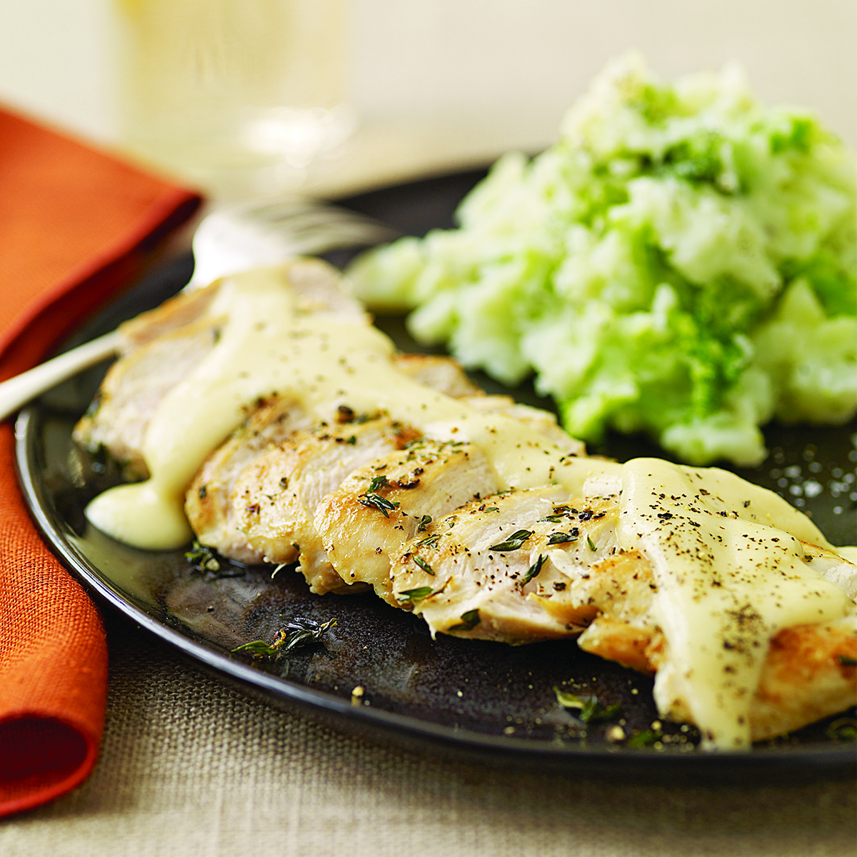 Quick Chicken with Gouda Gravy and Smashed Brocco-tatoes 