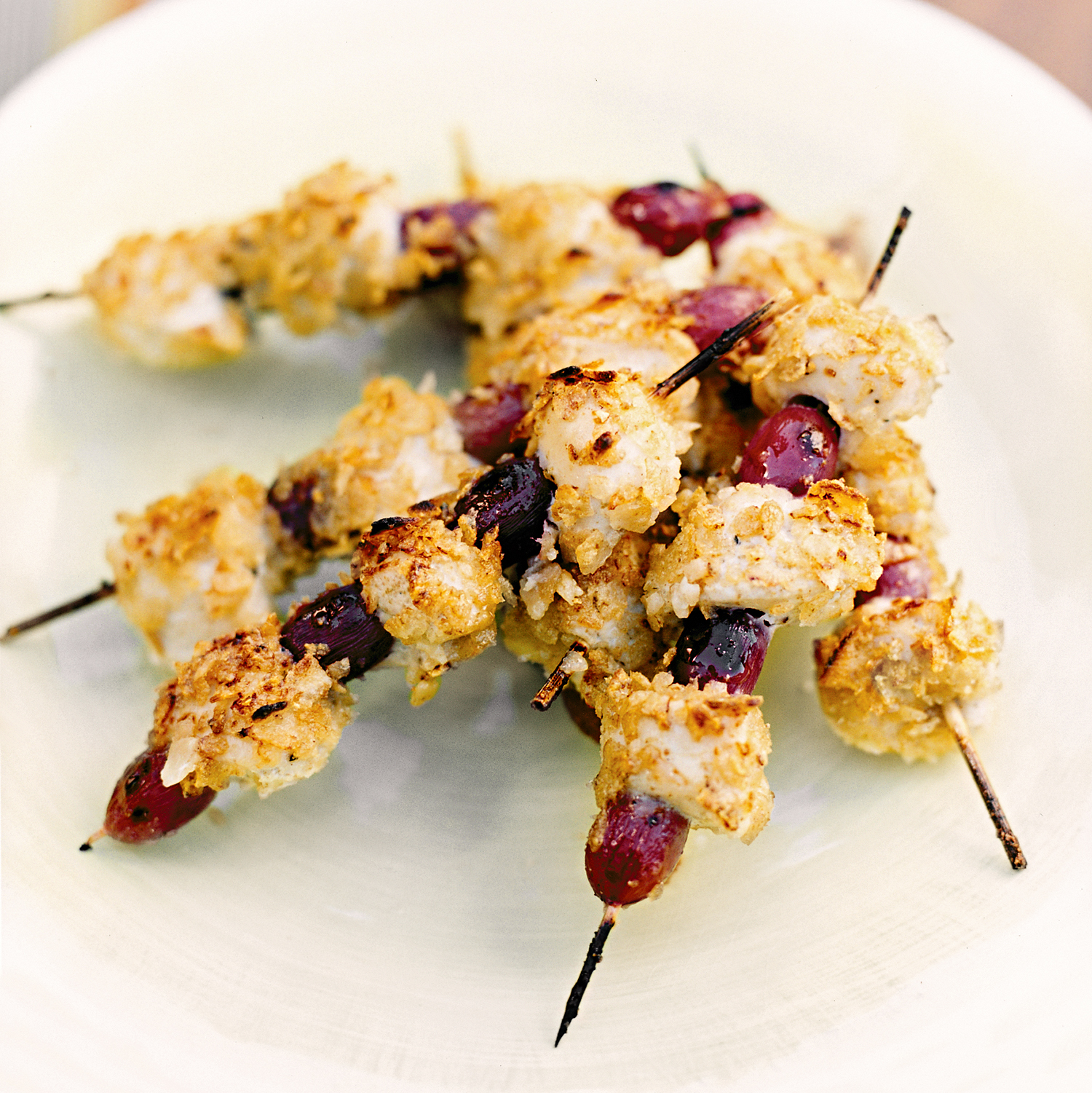 chip-crusted chicken skewers