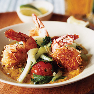Coconut-Crusted Shrimp with Peanut Butter Curry Sauce 