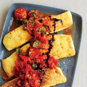 Crunchy Pepper-and-Parm-Crusted Halibut with Cherry Tomato-Basil Sauce 