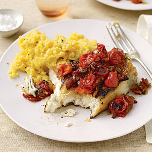 Halibut with Barbecue Tomato Sauce and Honey Mustard Polenta 