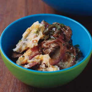 Mashed Super Skins with Steak-and-Pepper Hash