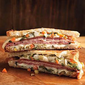 Muffuletta-Style Grilled Ham-and-Cheese Sandwiches 