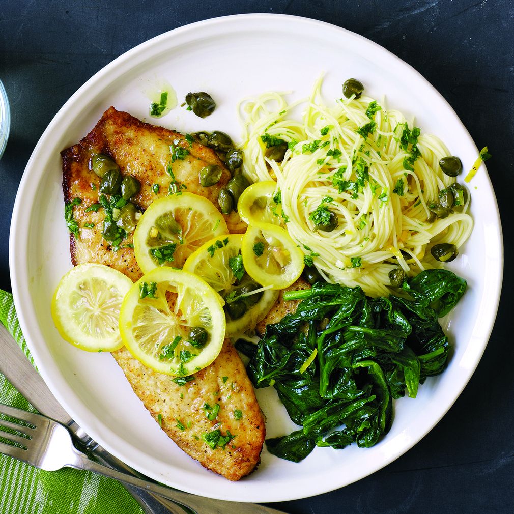 Piccata-Style Fish Fillets with Thin Pasta and Wilted Spinach 